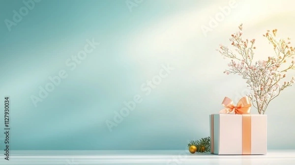 Fototapeta Luxurious gift box with satin ribbon glowing on a soft surface holiday decor indoor setting tranquil environment close-up view elegant presentation for special occasions