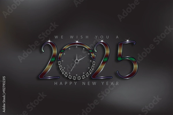 Fototapeta A cheerful New Year 2025 design showcasing a clock and colorful numbers