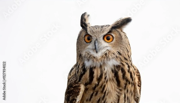 Obraz Majestic Eurasian eagle-owl with piercing orange eyes, isolated on white.