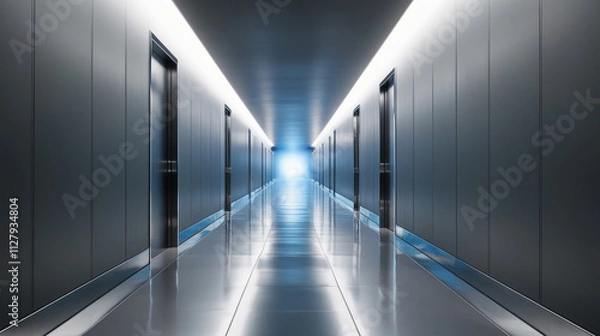 Obraz A futuristic gray hallway with a glowing light at the end,gray hallway with a bright light at the end,Empty gray futuristic corridor with a glowing light in the distance