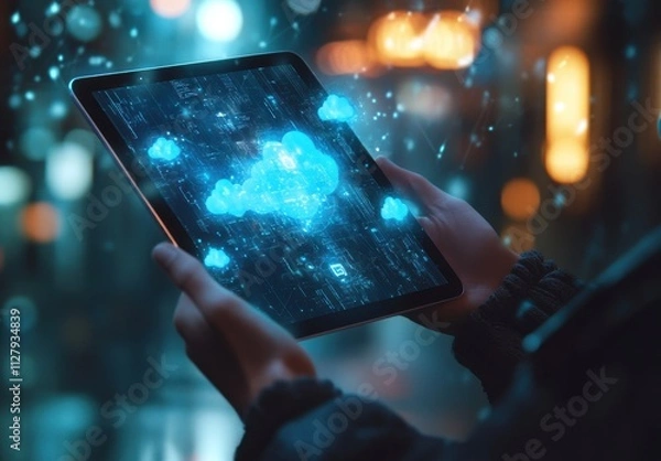 Fototapeta Hands Holding Tablet Displaying Cloud Technology Concept in a Modern Urban Setting with a Nighttime Background and Dynamic Light Effects
