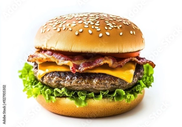 Fototapeta Juicy Cheeseburger with Bacon, Fresh Lettuce and Tomato on a Sesame Seed Bun, Perfectly Grilled for a Delicious Fast Food Experience
