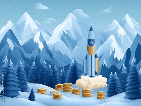 Fototapeta Rocket Launching Over Snowy Mountains With Coin Stacks