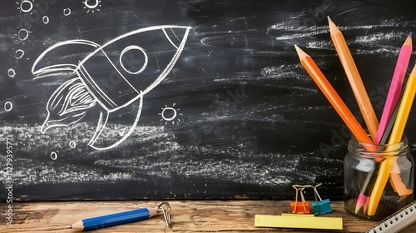 Fototapeta A black chalkboard with a hand-drawn rocket and stars, colorful pencils, and school supplies on a rustic wooden table.