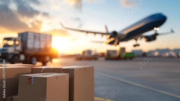 Fototapeta Freight truck loading cargo at the airport with airplane in the background for logistics and transportation