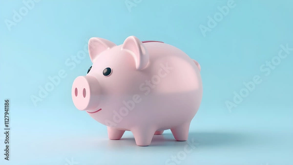 Fototapeta Minimalist investment icon featuring a piggy bank with pastel pink and silver highlights, floating on a clean gradient blue background, highly detailed 8K render