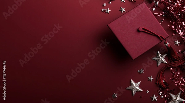 Obraz red graduation cap with silver stars and tassel on burgundy background
