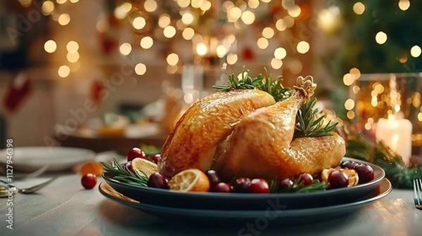 Obraz Beautifully roasted Christmas turkey garnished with fresh rosemary and tart cranberries served on a festive dining table with copy space above for holiday greetings or recipe details