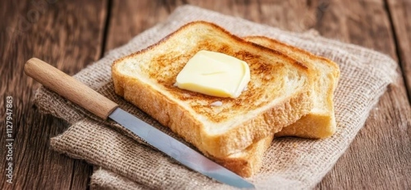 Fototapeta A golden slice of buttered toast sits on a rustic cloth, accompanied by a knife, evoking warmth and comfort.
