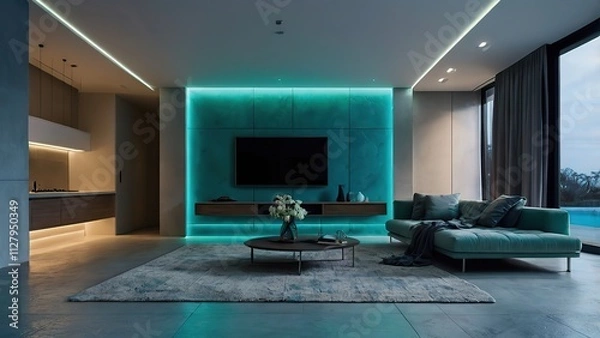 Obraz A minimalistic modern living room with subtle LED lighting embedded in the floor and ceiling, glowing in soft green and blue.
