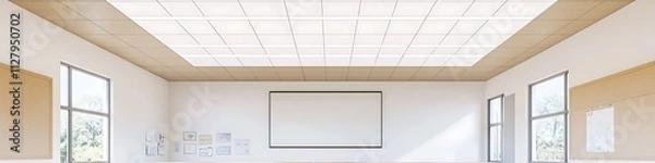 Obraz White acoustic ceiling tiles in a minimalist classroom with natural lighting