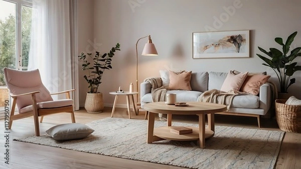 Fototapeta A Scandinavian-style living room illuminated with soft LED lighting, cozy textures, and a pastel color scheme.