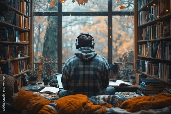 Fototapeta Happy Latin student man studying online with laptop and books using technology for education in cozy workspace with headphones