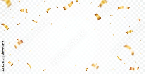 Obraz Gold Confetti and ribbons celebration party design element, Falling shiny gold confetti isolated on transparent background