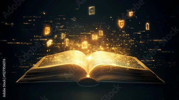 Fototapeta Open book with magical floating symbols and lights, representing imaginative knowledge and fantasy, glowing in a dark enchanting environment. Fable. Illustration