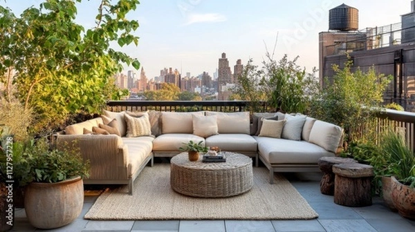 Fototapeta 16.Comfortable lounge area on a rooftop garden, featuring a stylish sectional sofa with neutral colors, surrounded by leafy plants and natural decor, creating a serene escape above the bustling city.