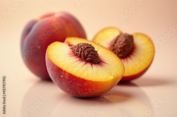Fototapeta A group of ripe peaches, one cut in half to reveal its juicy flesh and seed.