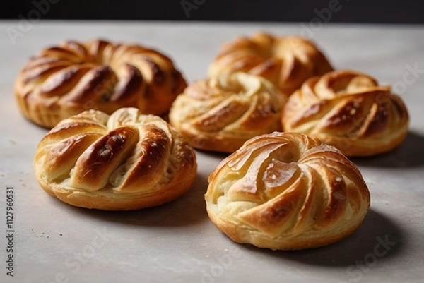 Fototapeta four pastries are sitting on a table with a black background