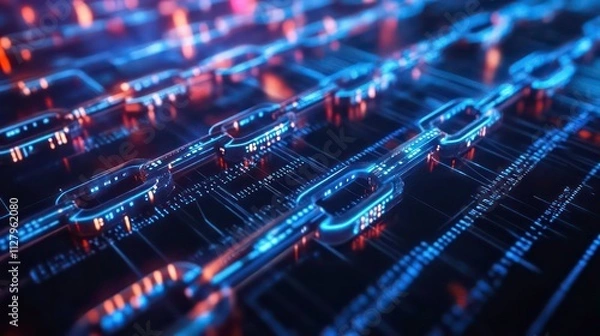 Fototapeta Abstract digital chains glowing in blue and orange hues, representing network, connection, and data security.