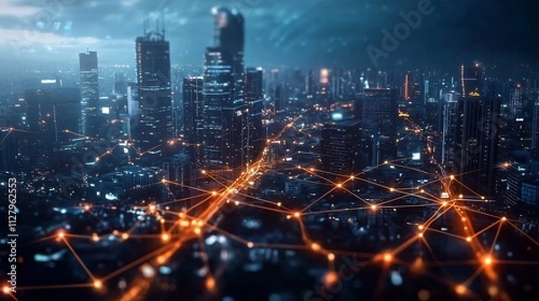 Fototapeta Futuristic Nighttime Metropolis with Vibrant Neon Lights Interconnected Digital Networks and Innovative Aerial Transportation  Ample Copy Space at the Bottom