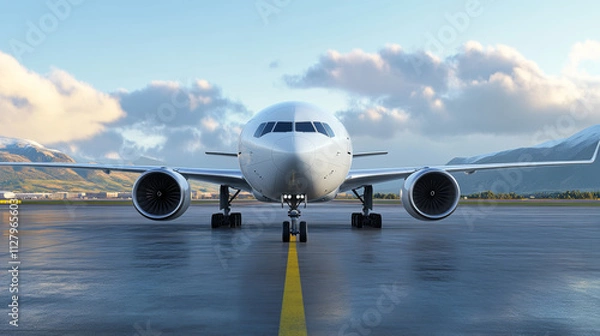 Fototapeta modern airplane is parked on runway under bright daylight, with scenic mountain backdrop and partly cloudy sky, creating serene and professional aviation scene