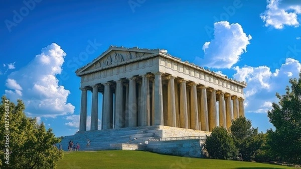 Obraz Ancient Greek temple, columns, sunny sky, green grass.