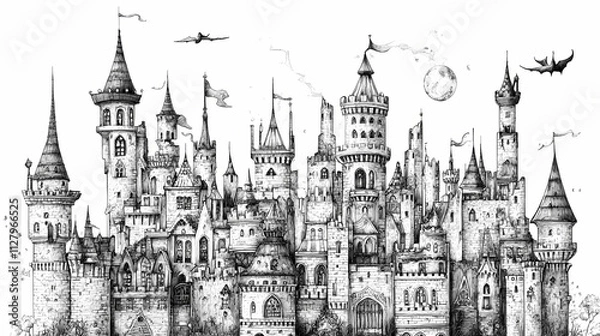 Fototapeta Enchanting fairy tale castle with tall spires and intricate detailing, perfect for magical and fantasy-themed designs in high resolution. Fable. Illustration