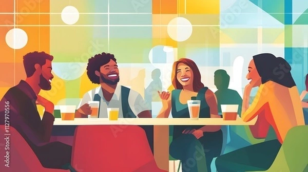 Fototapeta A diverse group of coworkers laughing during a casual lunch break in a vibrant office cafeteria