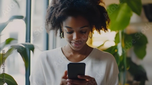 Fototapeta A close-up of an employee checking a mental health app on their phone during a work break