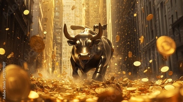 Obraz Photorealistic, ultra detailed image of gold coins raining down over the Wall Street Bull