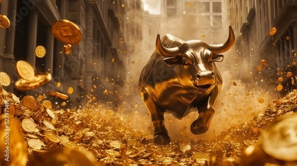 Obraz Photorealistic, ultra detailed image of gold coins swirling around the Wall Street Bull in a tornado-like motion