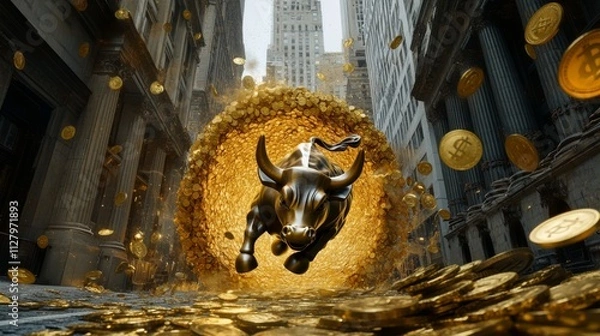 Obraz Photorealistic, ultra detailed image of gold coins swirling in a vortex around the Wall Street Bull