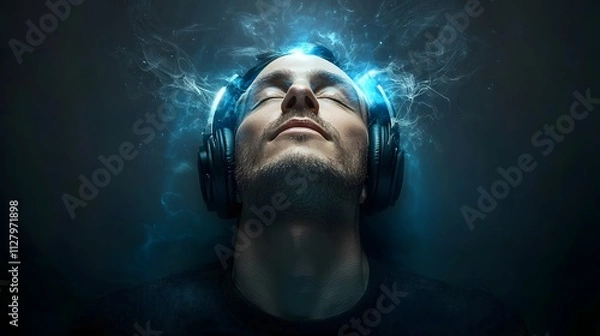 Fototapeta An employee looking peaceful while listening to calming music with their headphones on