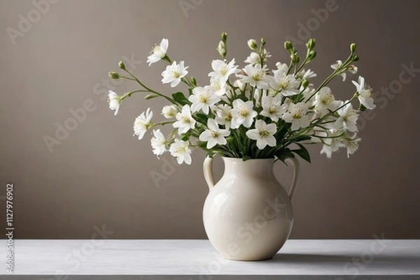 Fototapeta there is a white vase with white flowers in it on a table