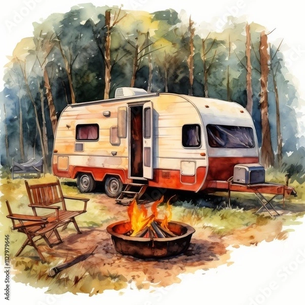 Obraz A cozy camper in a forest setting, with a campfire and wooden chairs, evoking a peaceful outdoor getaway.