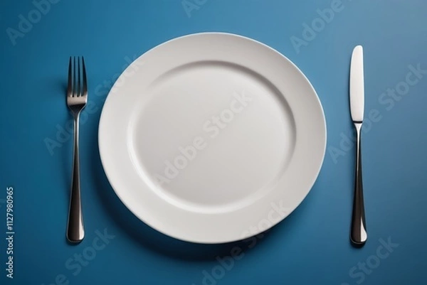 Fototapeta there is a plate with a fork and knife on a blue table