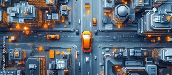 Obraz Aerial view of futuristic city with cars at intersection.