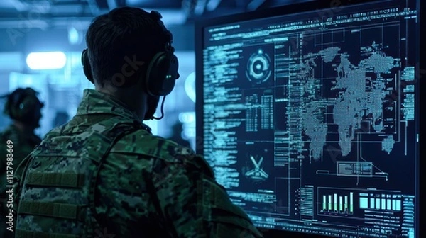 Fototapeta Military Personnel Analyzing Data on High-Tech Security System