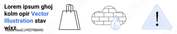 Fototapeta Shopping bag icon, cloud with a raindrop, and a triangular warning sign. Ideal for e-commerce, weather updates, hazard warnings, online shopping, environmental awareness, alerts notifications