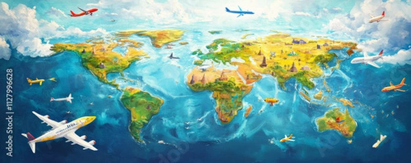 Obraz colorful world map with cartoon style airplanes flying across continents, showcasing landmarks, oceans, and vibrant skies, evoking sense of adventure and exploration