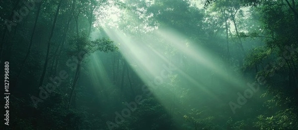 Fototapeta Sunbeams penetrate a misty forest, creating a magical, serene atmosphere.