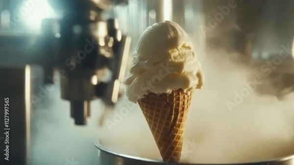 Fototapeta Creamy vanilla ice cream being dispensed into a cone from an ice cream machine, soft focus on the main subject, clean and simple composition with ample copy space.
