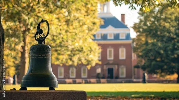 Fototapeta Ornate bell, autumnal setting, historic building.