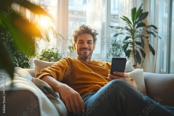 Fototapeta Happy mature man using smartphone on couch smiling at camera in relaxed home setting