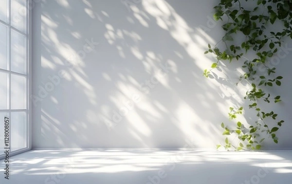 Fototapeta Soft Shadows from Leaves in Minimalistic Design on White Surface Natural Lighting