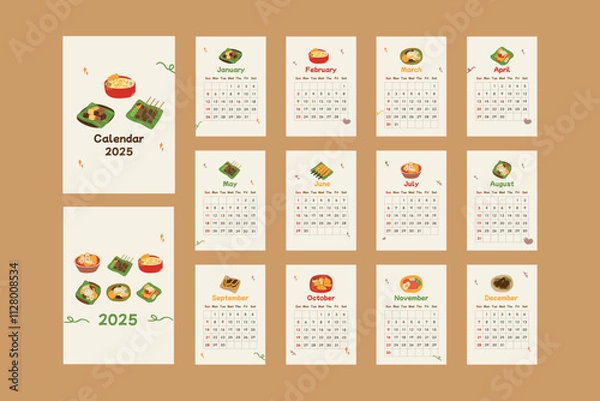 Fototapeta 2025 Cute Indonesian food illustration calendar set. Vector hand-drawn doodle illustrations, traditional graphic elements and objects, frame, ornament for journaling, stickers, and scrapbooking.