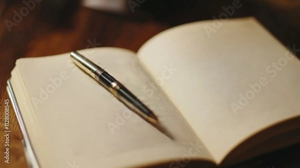 Fototapeta Elegant Fountain Pen Rests on Open Notebook Pages