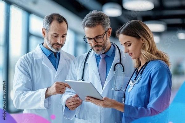 Fototapeta Pharmaceutical sales representative presenting medication to doctors in modern healthcare setting with nurse and manager using tablet