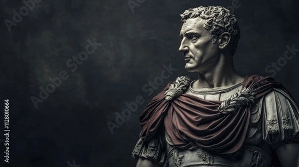 Fototapeta Stone bust, Roman emperor, draped toga, serious gaze.