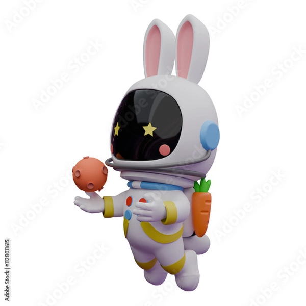 Fototapeta Space Explorer Chibi Astronaut with Bunny Ears. A chibi astronaut floats with a moon toy in his right hand, as if he wants to catch it. 3D Cartoon Style